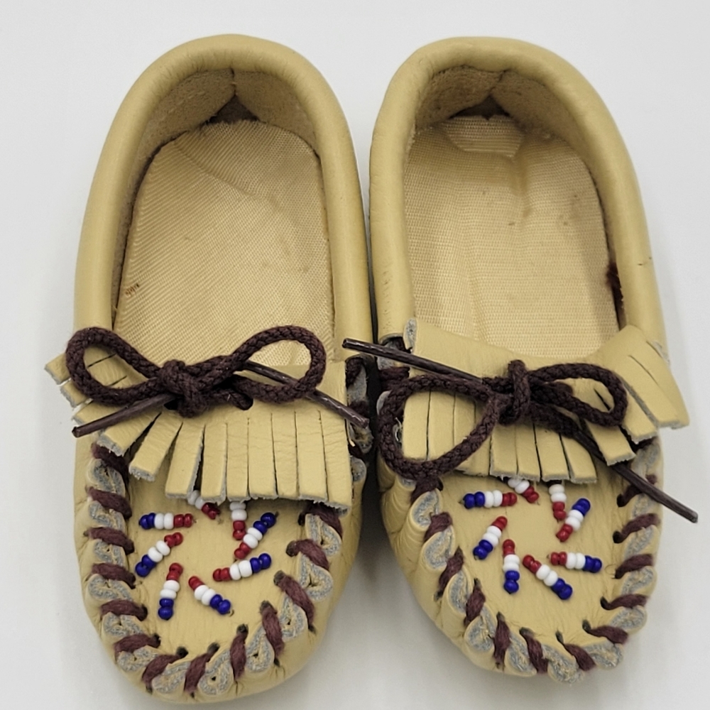 Vintage Infants Leather Beaded Moccasins size 4, red white & blue beads